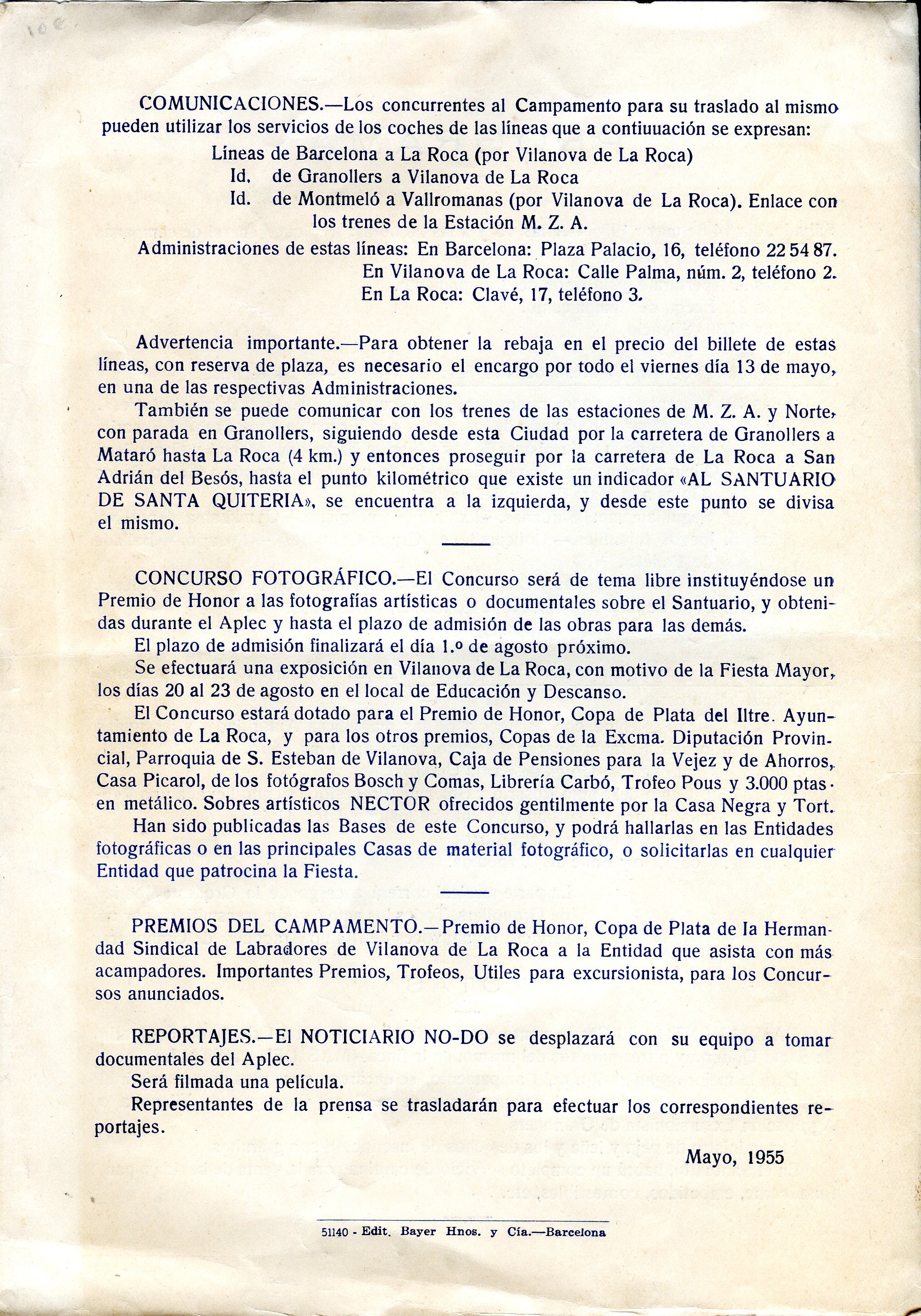 Aplec del santuario de Santa Quiteria : Vilanova de la Roca : Días 15 y 16 de mayo de 1955 : "I Campamento del Santuario de Santa Quiteria" - Miniatura 4